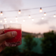 A photo of a hand holding up a glass of the finished cocktail: frosé. The scene is a backyard at sunset.